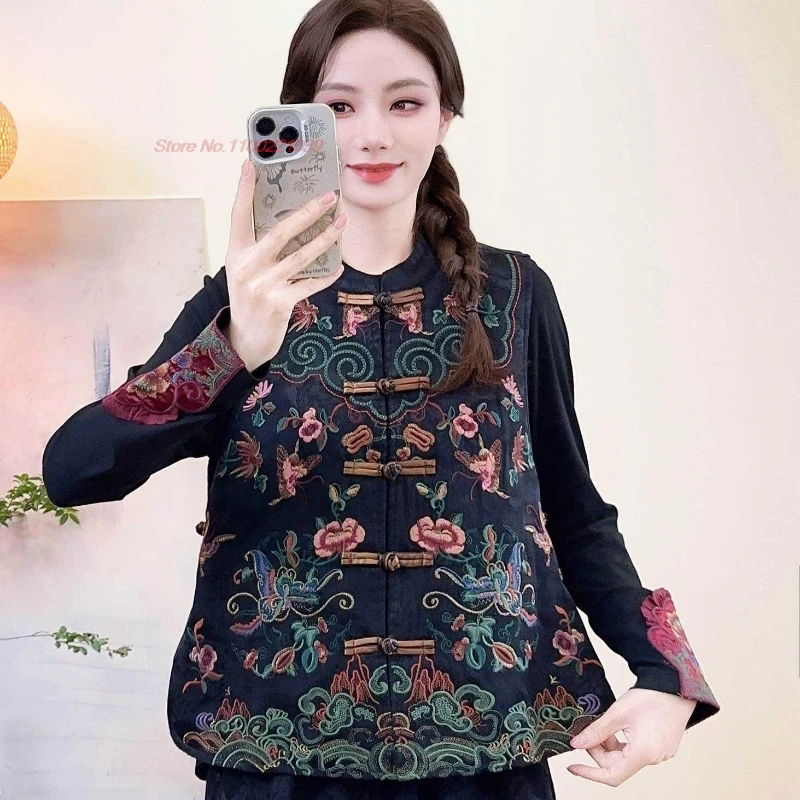 

2025 китайский жилет с хлопковой подкладкой, топы ханьфу, традиционный атласный жаккардовый жилет с воротником-стойкой, куртка без рукавов с цветочной вышивкой