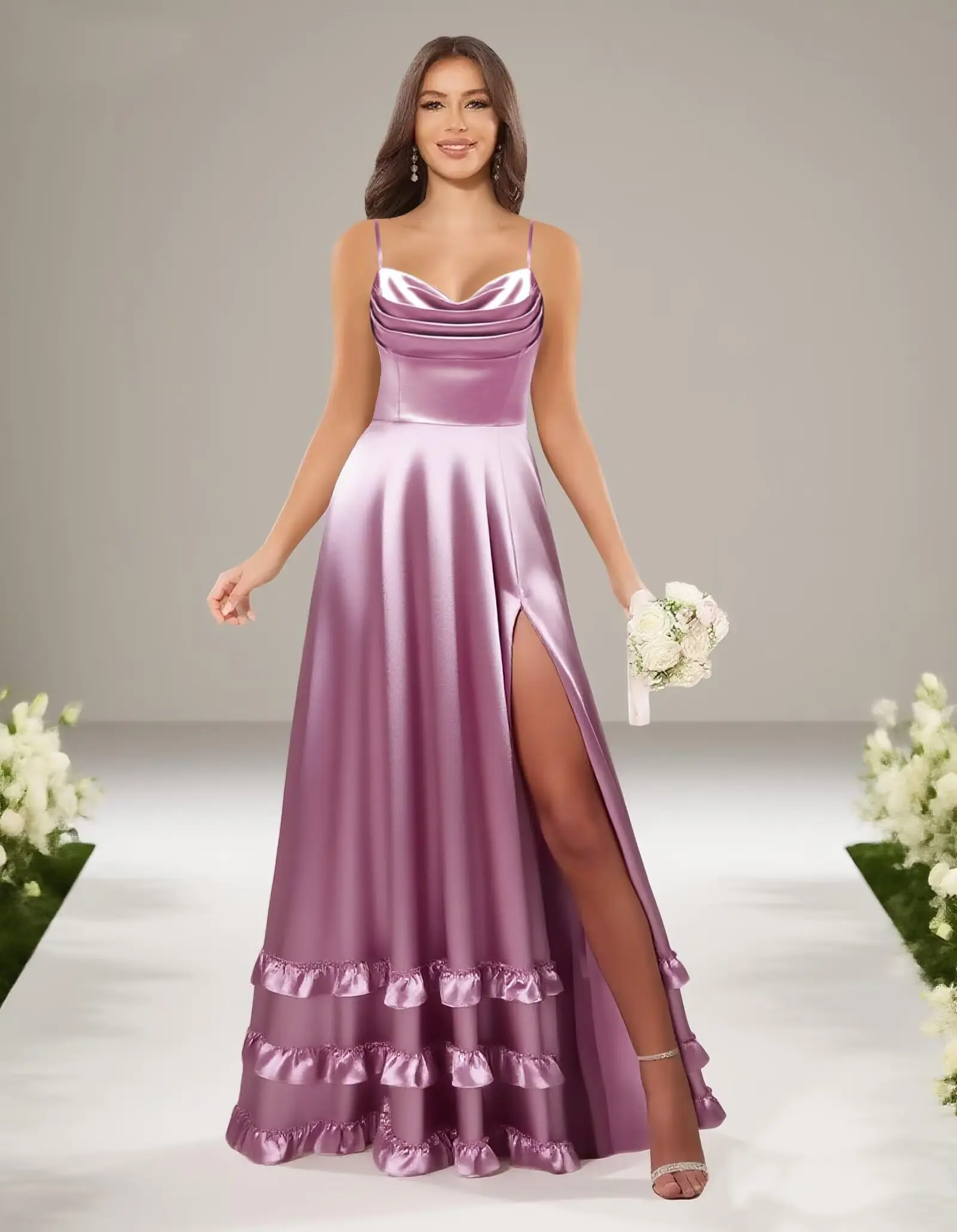 

Tiered Ruffles Bridesmaid Dresses for Women Satin Formal Evening Dresses