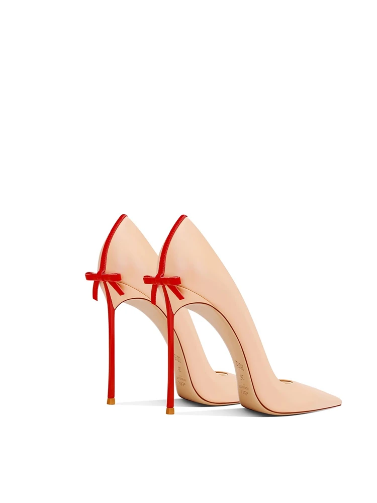 Stiletto heels spring new pointed shallow metal bow heel leather shoes banquet large size small size low heeled women's shoes
