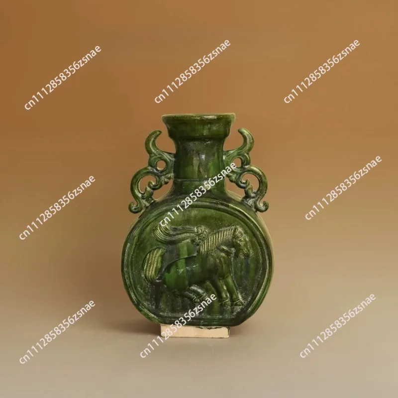 Oriental Kiln‑Fired “Emerald‑Glazed Heavenly Horse” Antique‑Style Ceramic Vase Ornament,New Chinese Style Flower Vase Home Decor