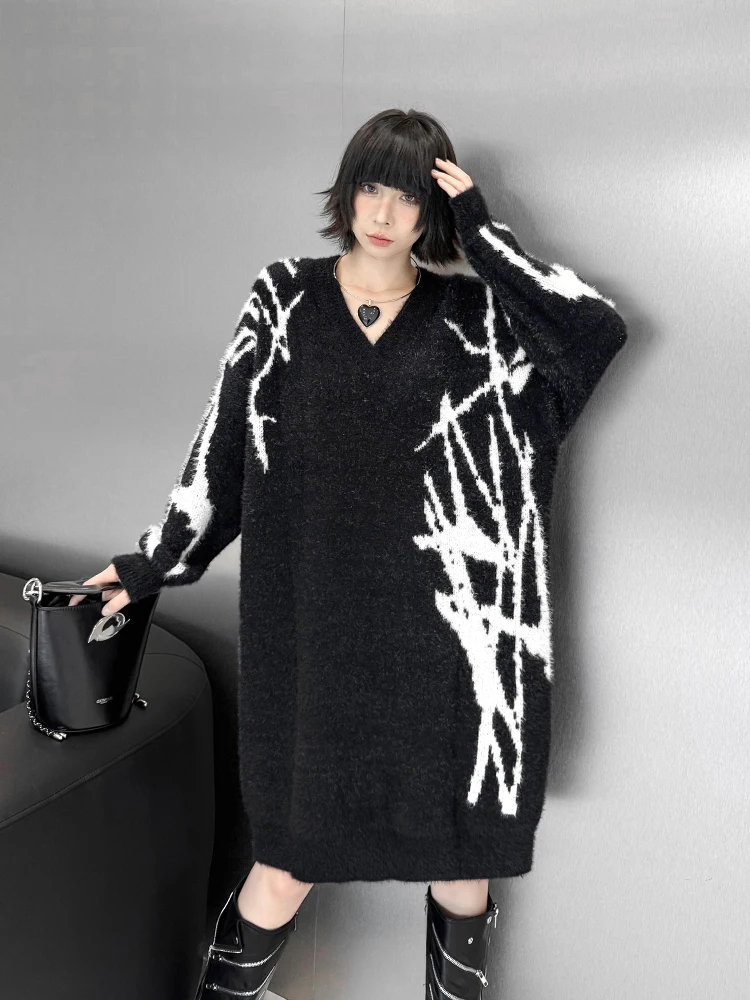 

Loose Knitted Sweater Dr Women's V-ne Mid-length Spring New Faion Casual Comfortable Mixed Fabric Long Sve Thermal