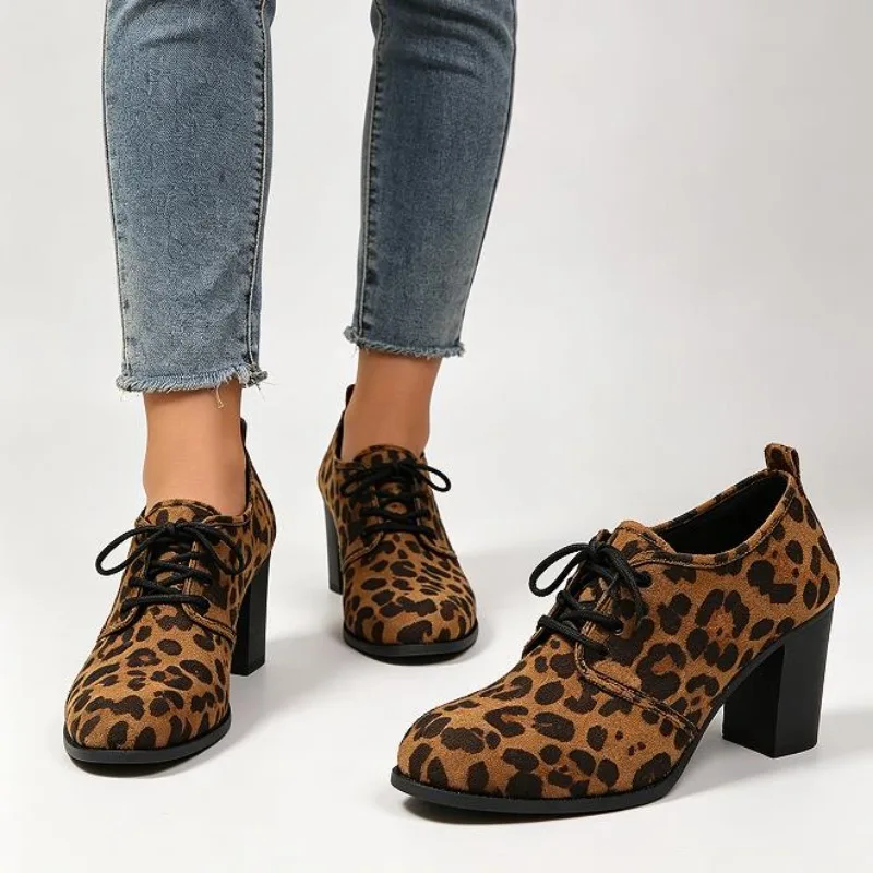 Suede Lace Up High Heels Professional Single Shoes for Women 2026 Autumn Item Leopard Print Retro Deep Cut Low Top Single Shoes