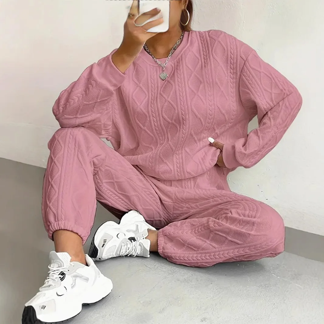 Conjunto de dos piezas de pantalones para mujer, pantalones de cintura elástica, Tops de manga larga con cuello redondo, jersey con empalme, informal, liso, otoño 2025