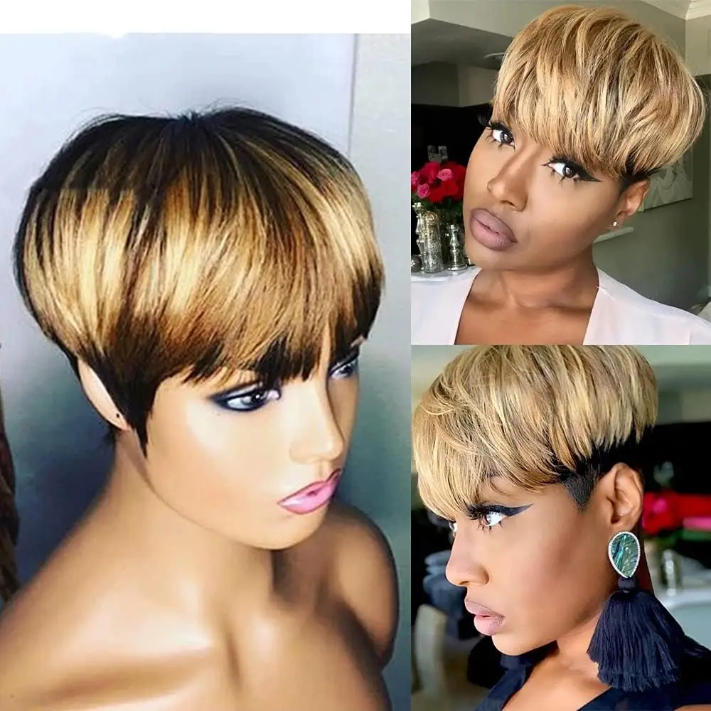 6 Inch 150% Density Pixie Hair Cut Black Women Short Bob Wig Human Hair Ombre No Lace Front Wig With Bangs Full Machine Made Wig