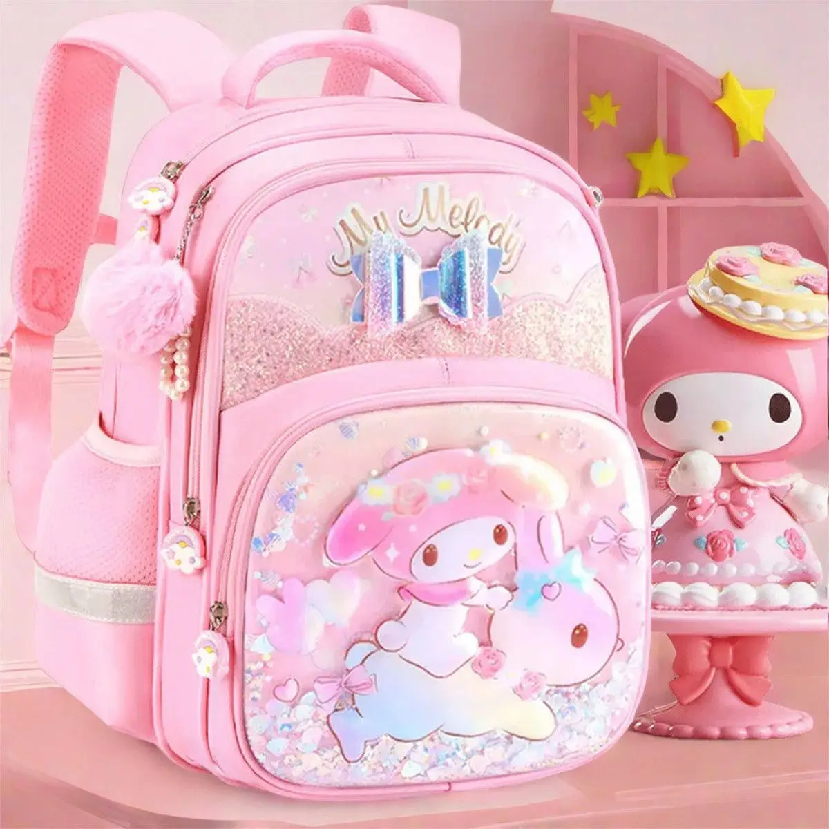 

Sanrio Kawaii Kuromi Cinnamoroll Backpack Pupil Grade1-3 Lightweight Waterproof Schoolbag Children's Reduce Burdens Girls Toys