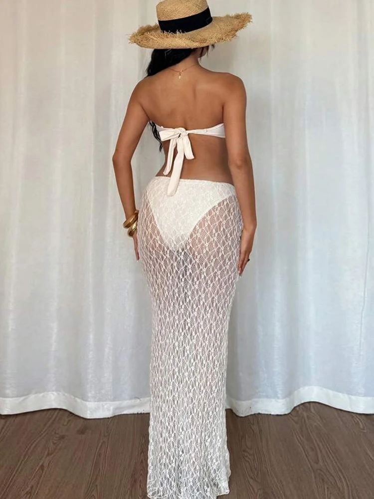 Macheda Ruched Elegant 2 Piece Set Women Metal Starfish Patchwork Tube Tops+Mesh See Through Skirts Vacation Beach Party Outfits
