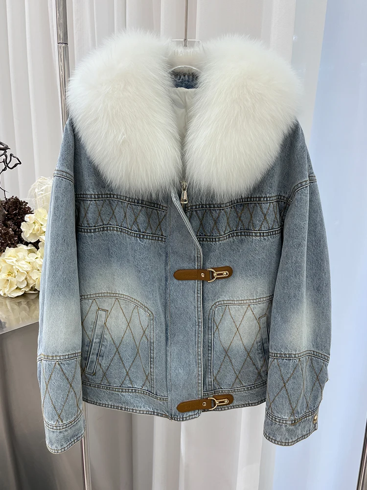 2024 Autumn Winter Women's Denim White Goose Down Coats With Natural Real Fox Fur Collar Cuff Women Outwear Luxury Female Jacket