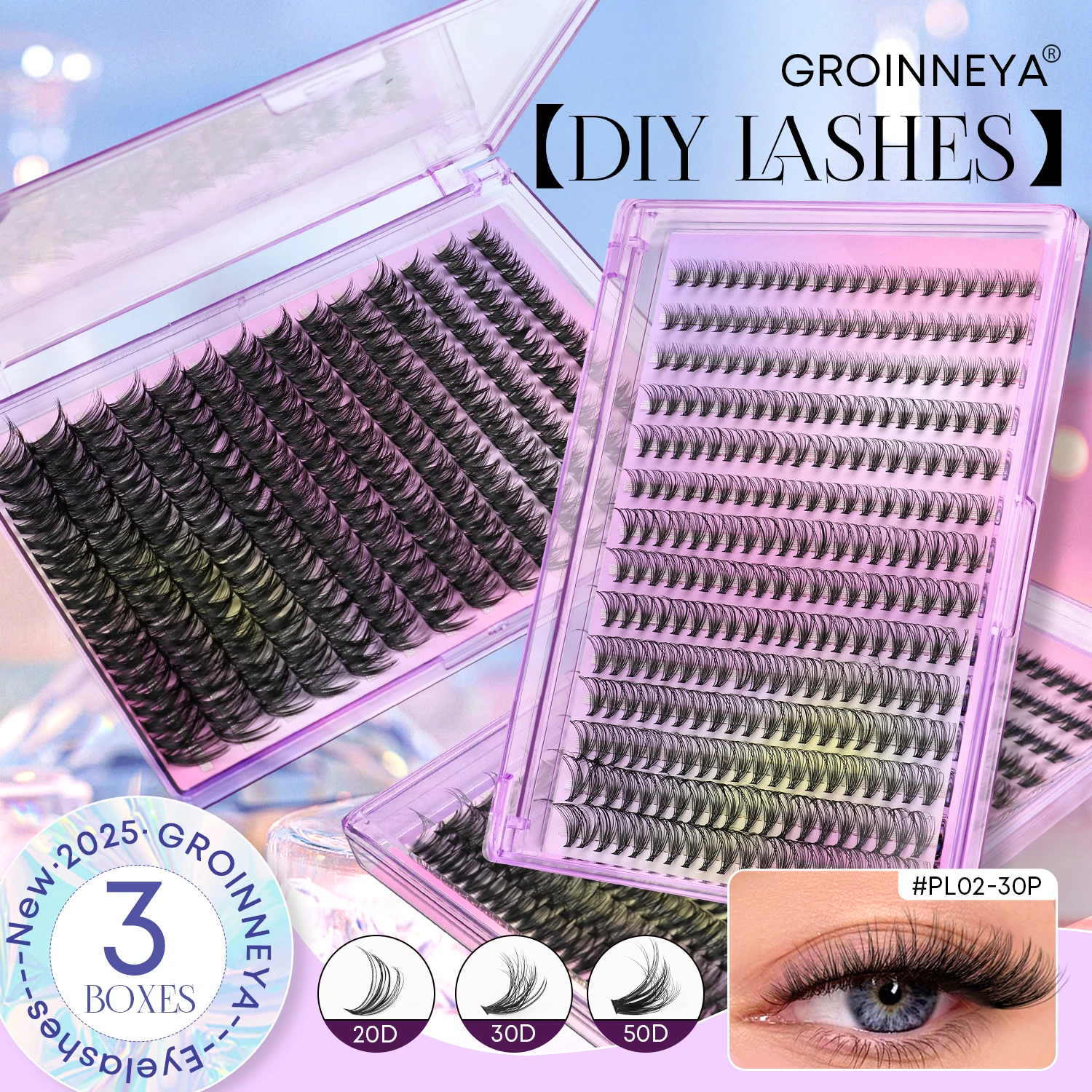 GROINNEYA Wimpern-Cluster, DIY-Wimpernverlängerung, 5D, flauschiges Volumen, einzelne Wimpern, gemischtes Tablett, künstliche Nerz-Cluster-Wimpern, Make-up