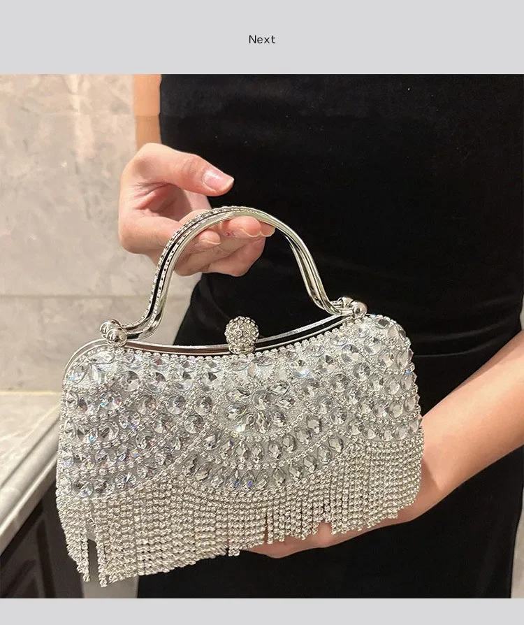 Metallische Strass-Diamant-Abendclutch mit Goldener Quaste, Luxuriöse Braut-Hochzeits-Party-Handtasche für Damen, Formelle Bankett- und Abschlussball-Tasche – Detail 17