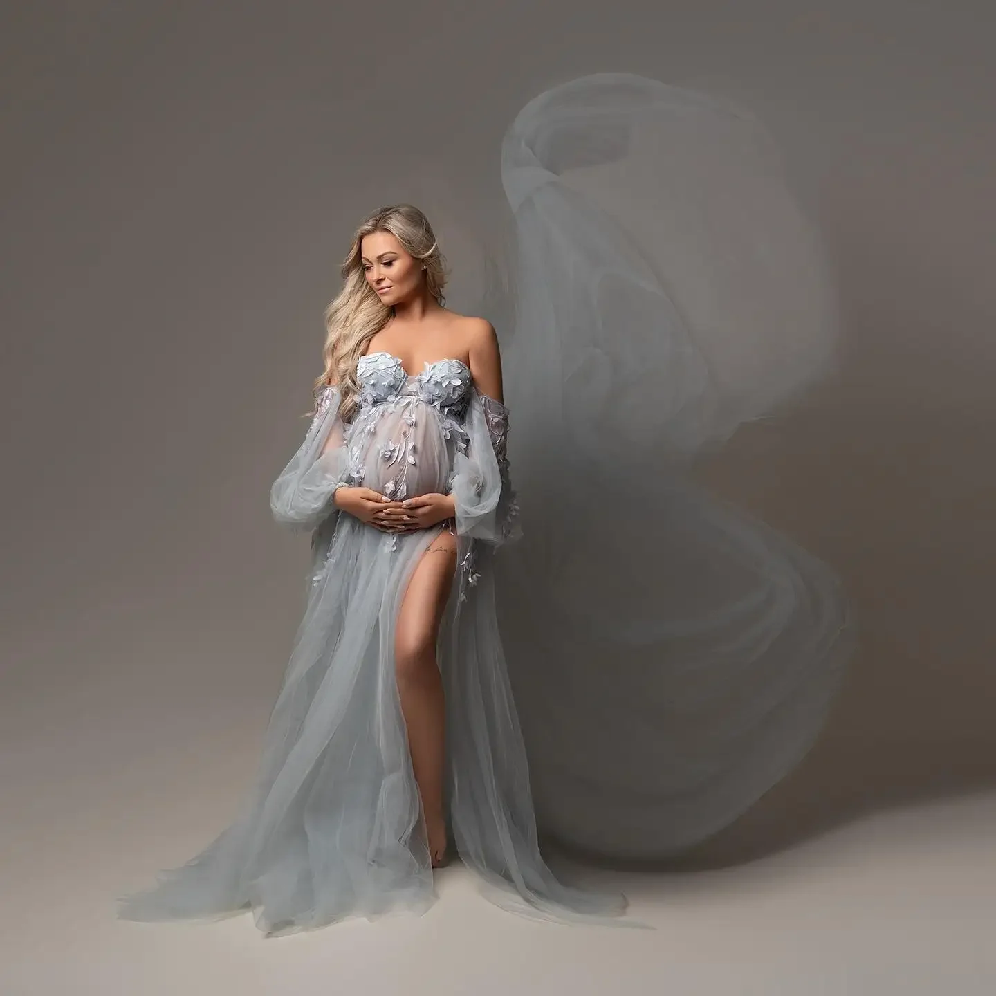 HOBBY Elegant Lace Tulle Maternity Dresses Extra Puffy Photo Shoot Appliques 3D Flower Pregnancy Dress Bridal Gowns Side Slit