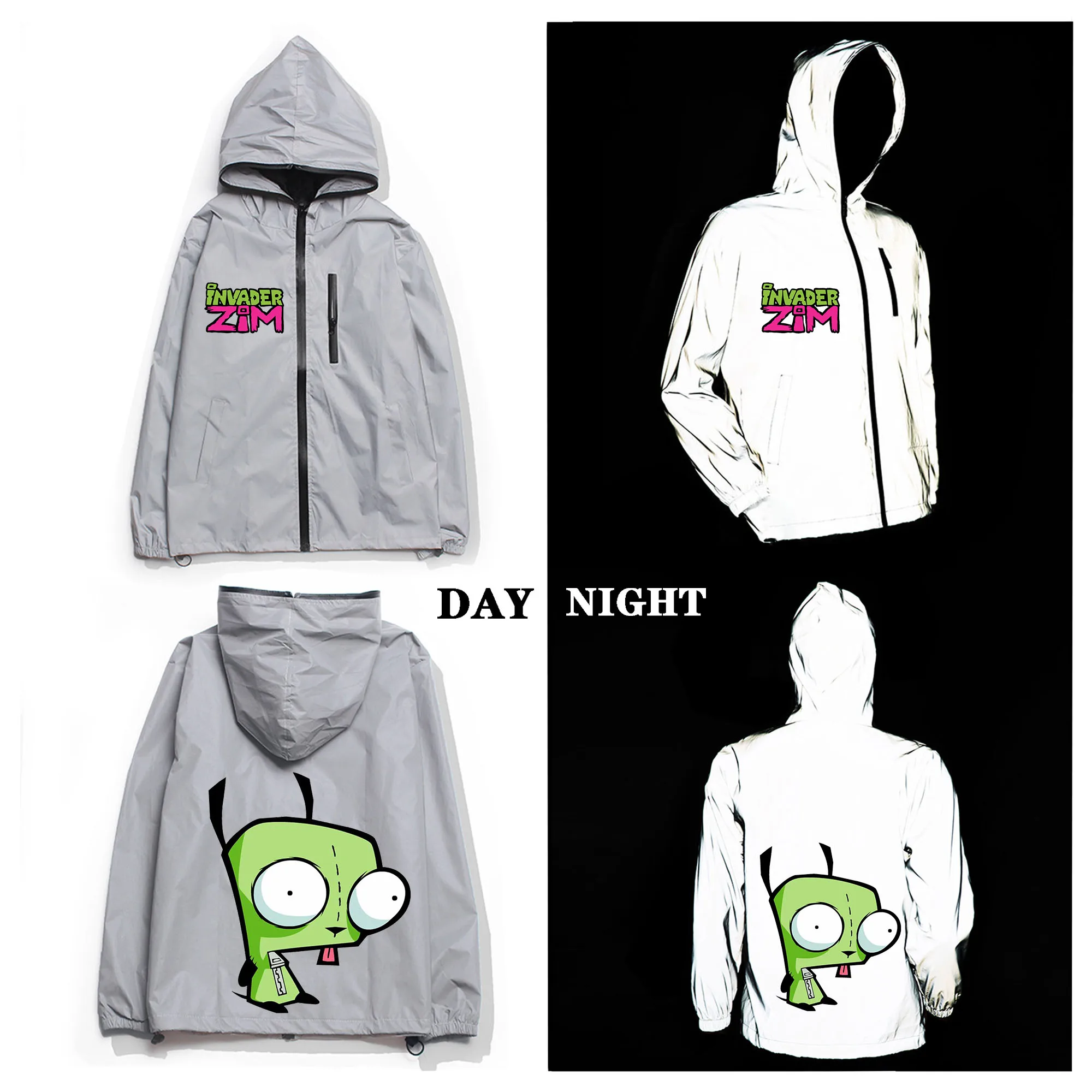 

Hot Animation Invader Reflective Jacket Mens Womens Zim Coat Hooded Windbreaker Run Pocket Jackets Cycling Zipper Custom Hoodie