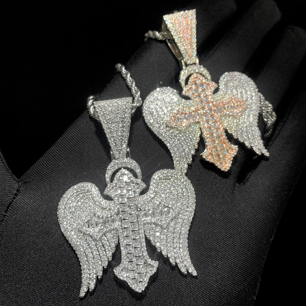 Two Tone Rose Gold Color Full Paved 5A Cubic Zirconia Sparking Bling CZ Wing Cross Pendant Hip Hop Men Necklace