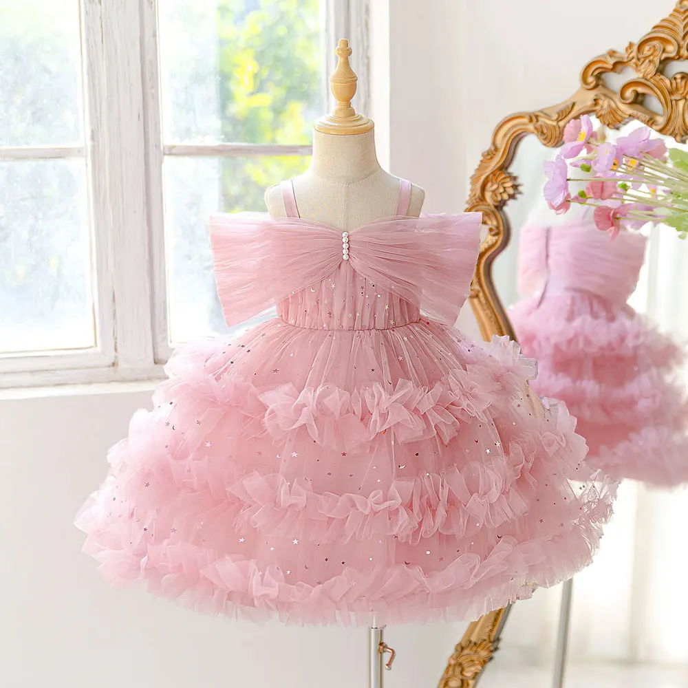 Fashion Kids Flower Girl Dress 3-8 Years Big Bow Pink Ruffled Tulle Girl Evening Gown Summer Children Birthday Wedding Evening