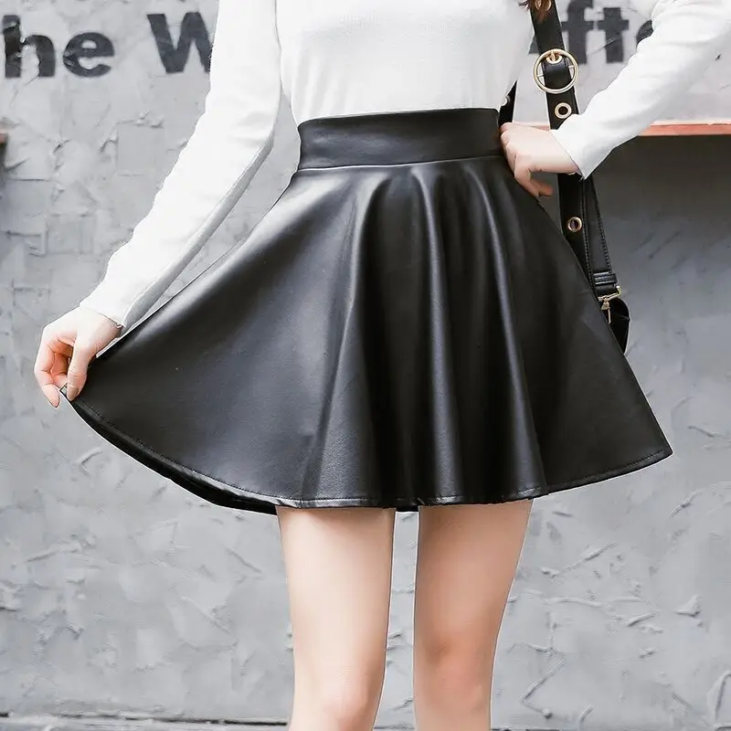 Women Sexy Faux Leather Skirts High Waist Elastic Mini Short Skirt Multi Purpose For Skater Work Nightclub Knee-Length Skirts