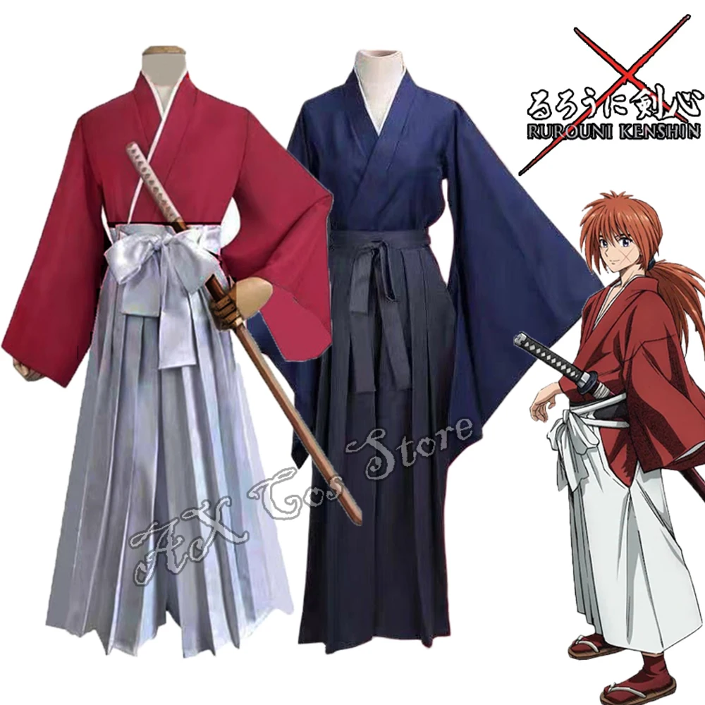 Disfraz de Cosplay de Anime Rurouni Kenshin Himura Kenshin, Peluca, Uniforme de Samurai, Kimono de Kendo, Disfraces de Halloween para Hombres y Mujeres