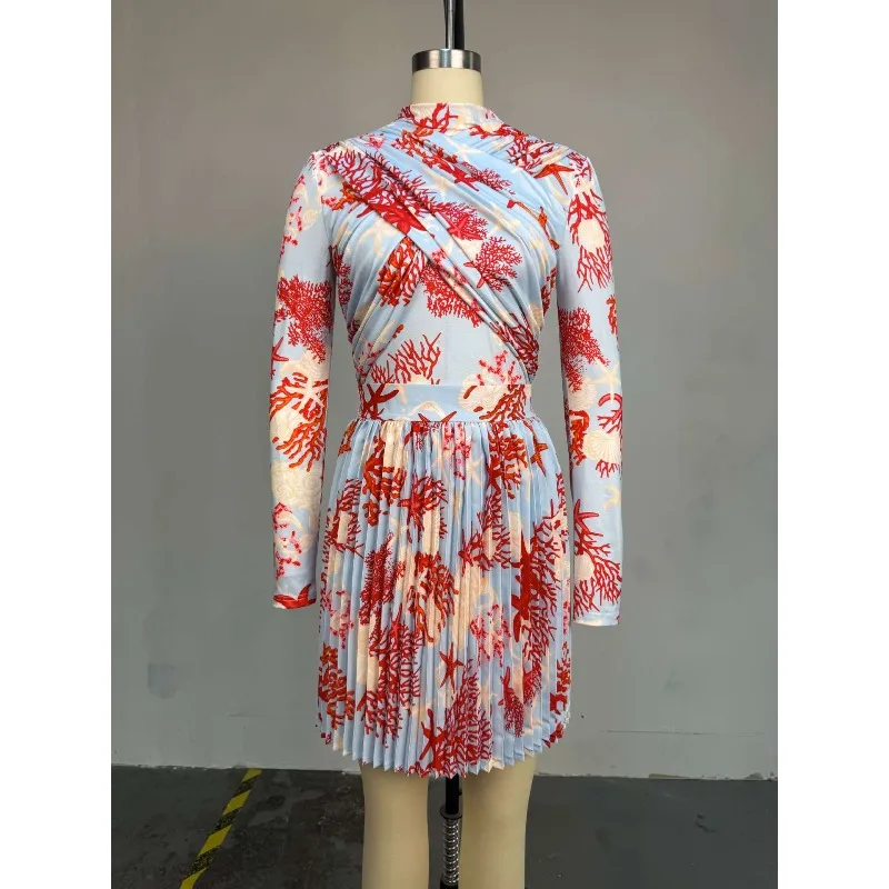 Women Clothing 2 Pieces Print Long Sleeve Shirt Top and Pleated Mini Skirt Luxury Fashion Wear Elegant Party Birthday Dress Set