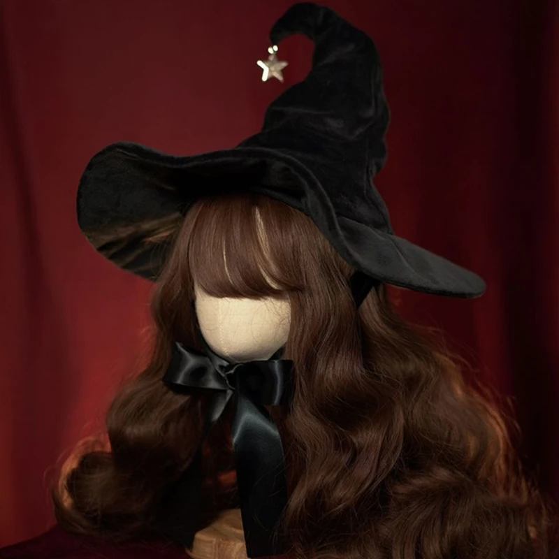 

Crooked Witch Hat Costume for Women Men Teenagers for Halloween Party Decorations with Star Conjurer Cosplay