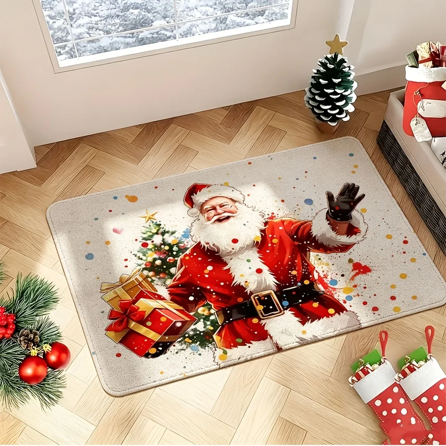 Waving Santa With Gift Box Door Mat sliding door patio camper entry backyard Merry Christmas household decorative floor rug