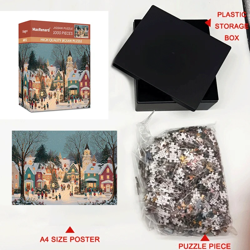 Mini puzzle scène de neige de noël 1000 pièces, boîte pour adulte 38x26cm (15 "X 10.2"), puzzle sur le thème des vacances d'hiver pour adultes