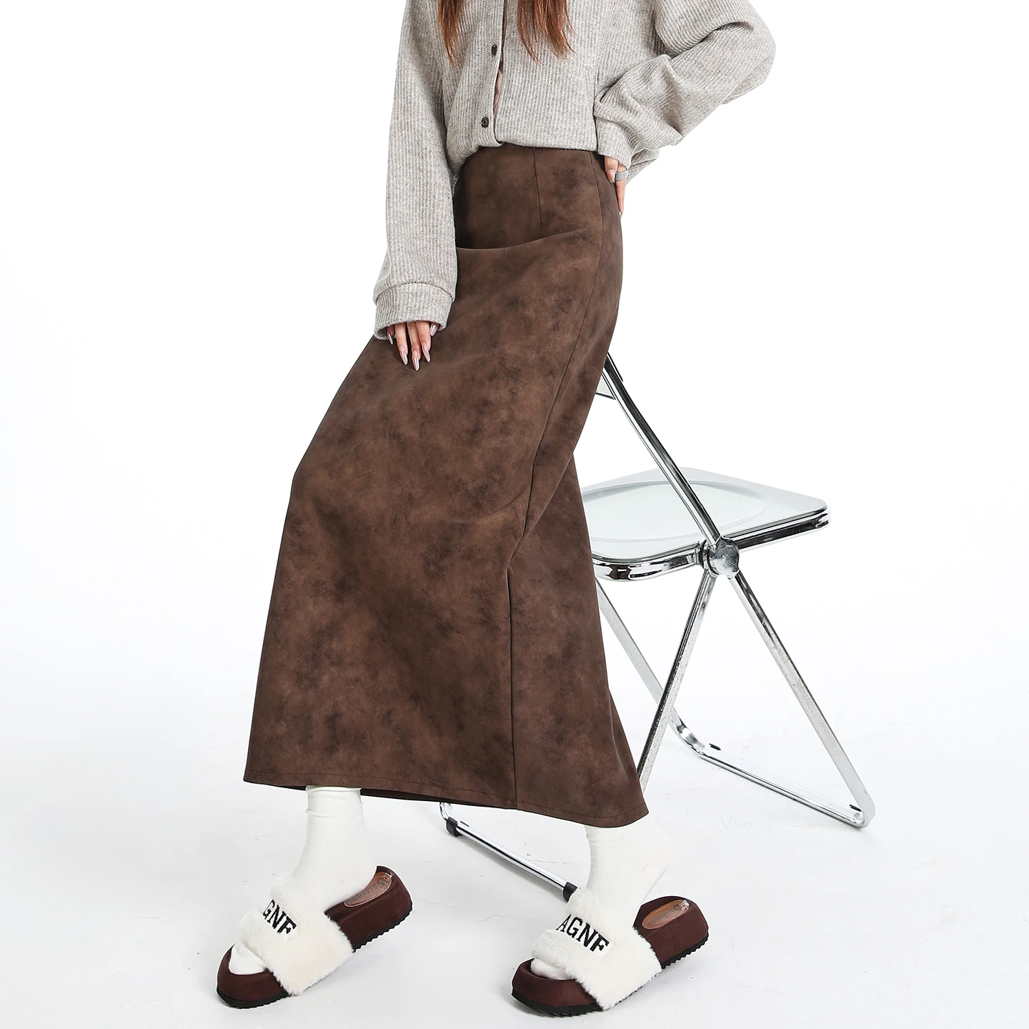 

Y2K Pu Leather Skirt Women Tie Dye High Waist A Line Straight Tube Slit Long Skirt Autumn Winter