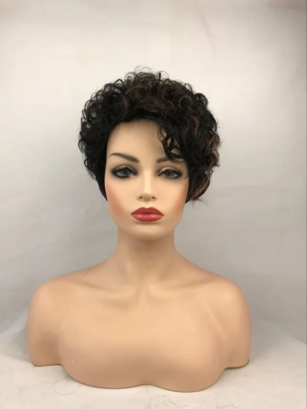 Wig rambut Cosplay halus sehari-hari wanita, rambut palsu pendek keriting hitam berombak untuk wanita