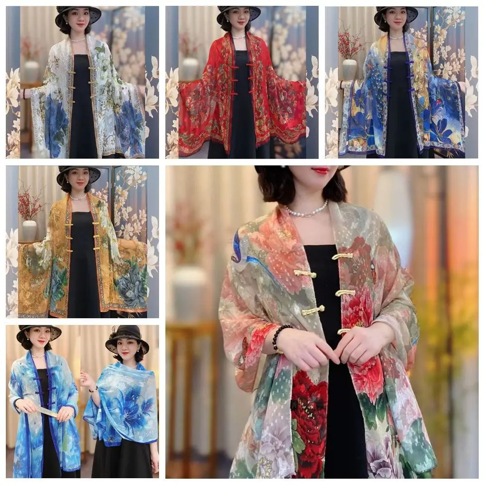 

Trendy Retro Style Buckle Printed Shawl Flower Sunscreen Lady Silk Scarf Chinese-style All-Match Tudung Scarf Women