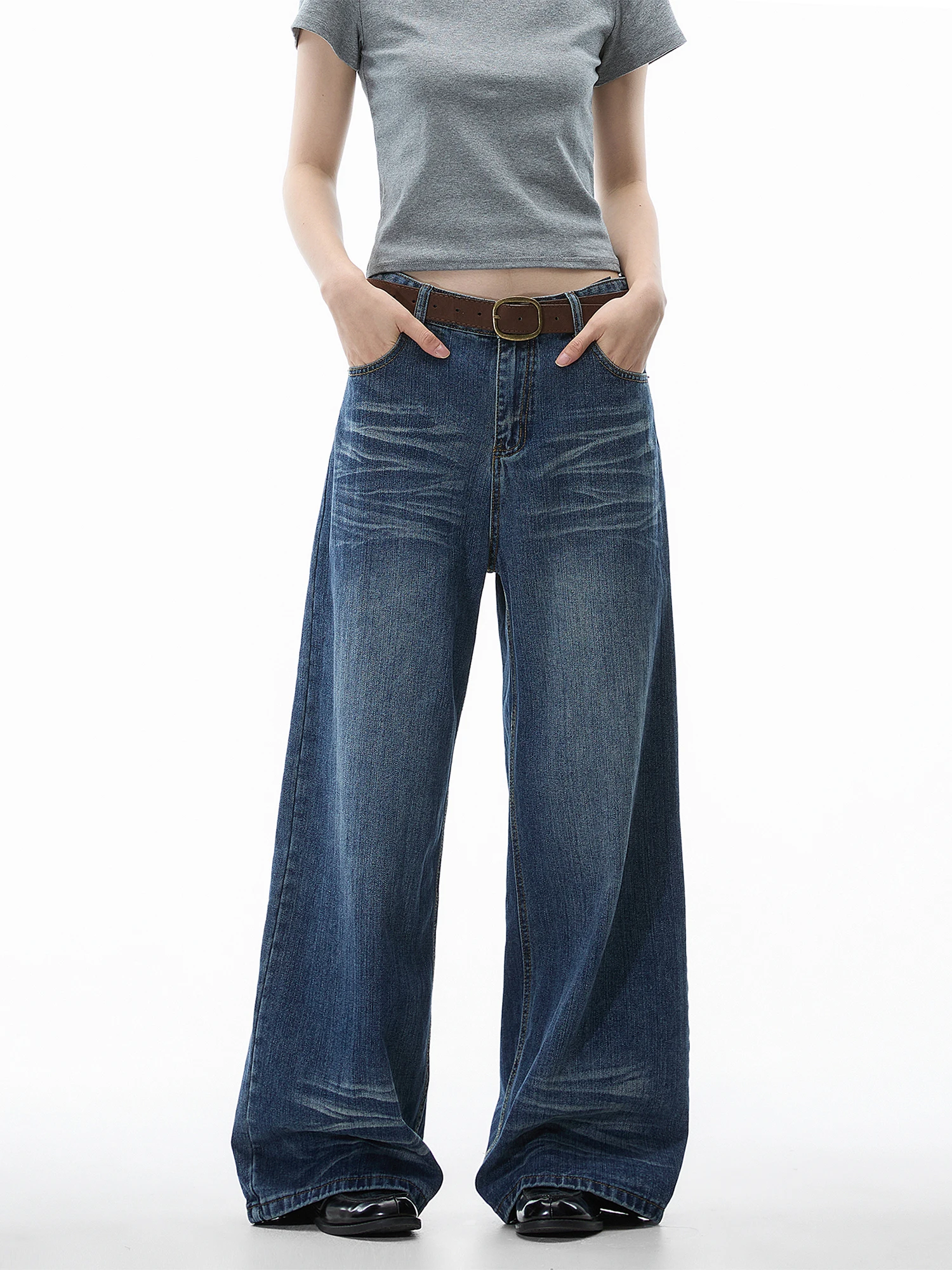 

Женские джинсы из денима в стиле ретро, синие, свободного прямого кроя, повседневные широкие брюки, весенний сезон, с завышенной талией, из смесового хлопка