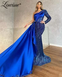 Robe De Soirée Blue Evening Dress With Side Train Long Sleeve One Shoulder Elegant Full Beaded Women Party Dresses Prom Gowns