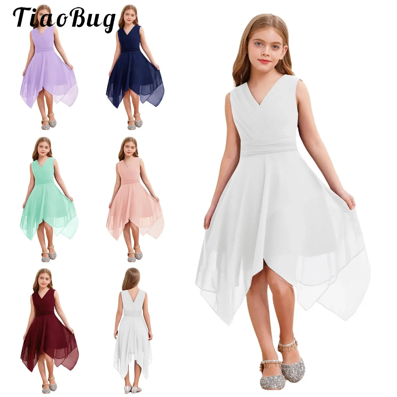 

Kids Girls Sleeveless Asymmetrical Chiffon Princess Party Pageant Dress Summer Casual Pleated Waist Wedding Bridesmaid Dress