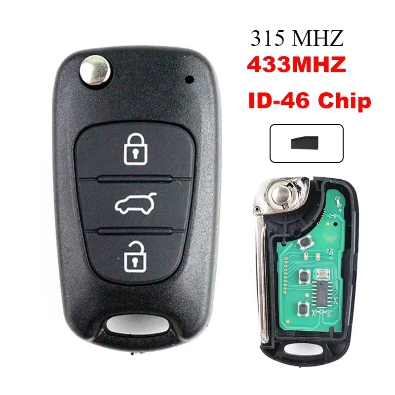 315MHz 433MHz ID46チップ搭載フリップ式リモートカーキー、ヒュンダイi20、i30、ix35、アバンテ、キアK2、K5、スポーテージ用、オートキーケースシェル