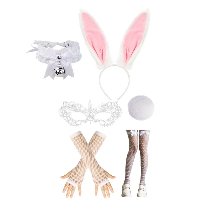 

6/7Pcs Women's Bunnies Costume Accessories Set Rabbit Ears Headband Bowtie Collar Cuffs Rabbit Tail for Easter Party