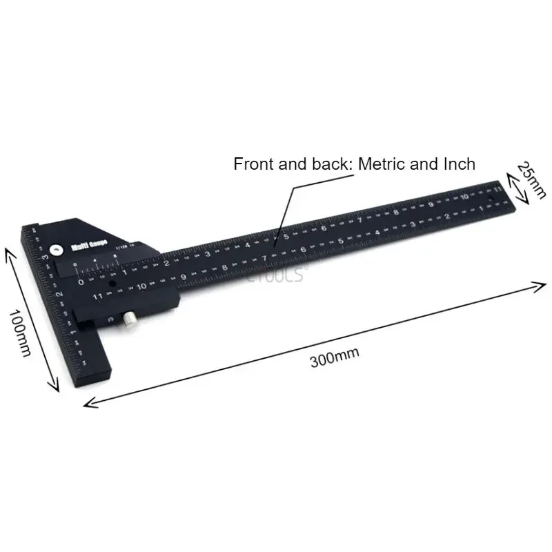 Penggaris T dapat diatur meteran geser perkayuan 0-210/280mm Aluminum Aloi tulisan sudut kanan menandai alat pengukur kedalaman