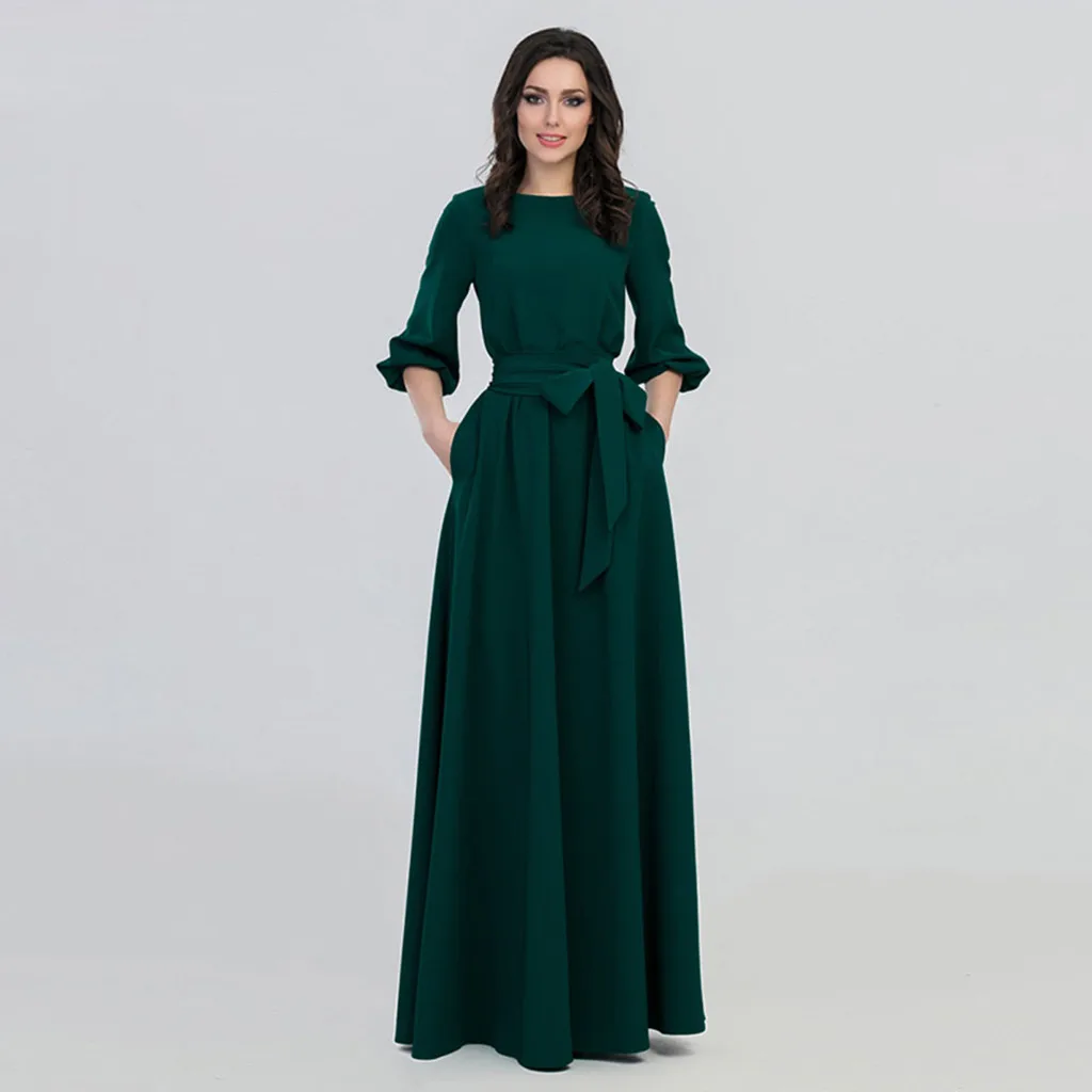 

Women Lantern Sleeve Long Dresses Elegant Maxi Dress With Belt Casual Solid Color Female Vestidos Robes Longues