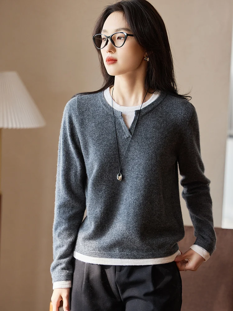 

Новый женский базовый свитер TLOML с круглым вырезом, имитация двухслойного, 100% мериносовая шерсть и кашемир, вязаный, осенне-зимний, мягкий, теплый, женский топ