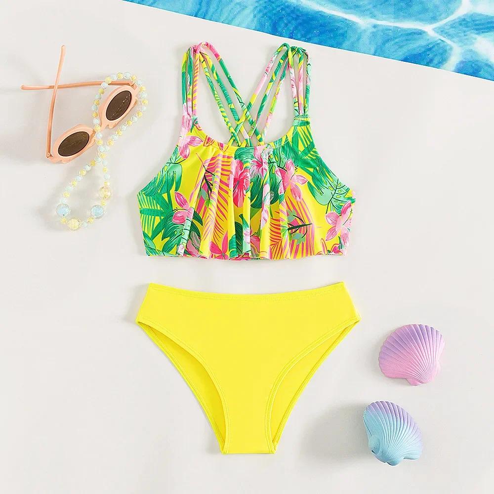 

Summer Yellow Split Ruffle Girls Swimwear Kids Two Piece 7-14 Years Swimsuits Teenager Girls Bathing Suit Beachwear