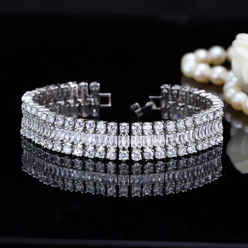 ThreeGraces Shiny White Cubic Zirconia Silver Color Geometric Link Chain Bracelet for Women Fashion Bridal Party Jewelry BR289