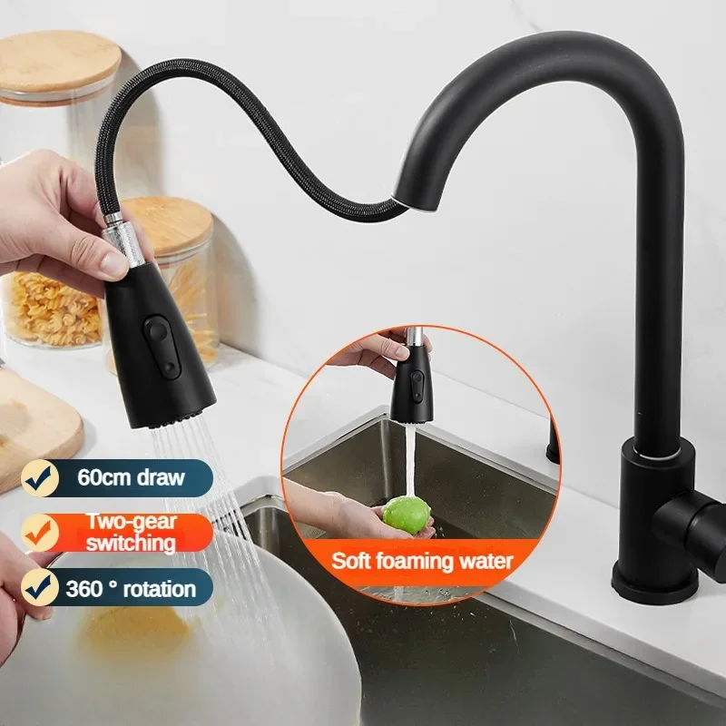 

Stainless Steel 360 Degree Rotation Hot Cold Water 2 Function Stream Sprayer Taps Single Hole Pull Out Kitchen Sink Mixer Faucet