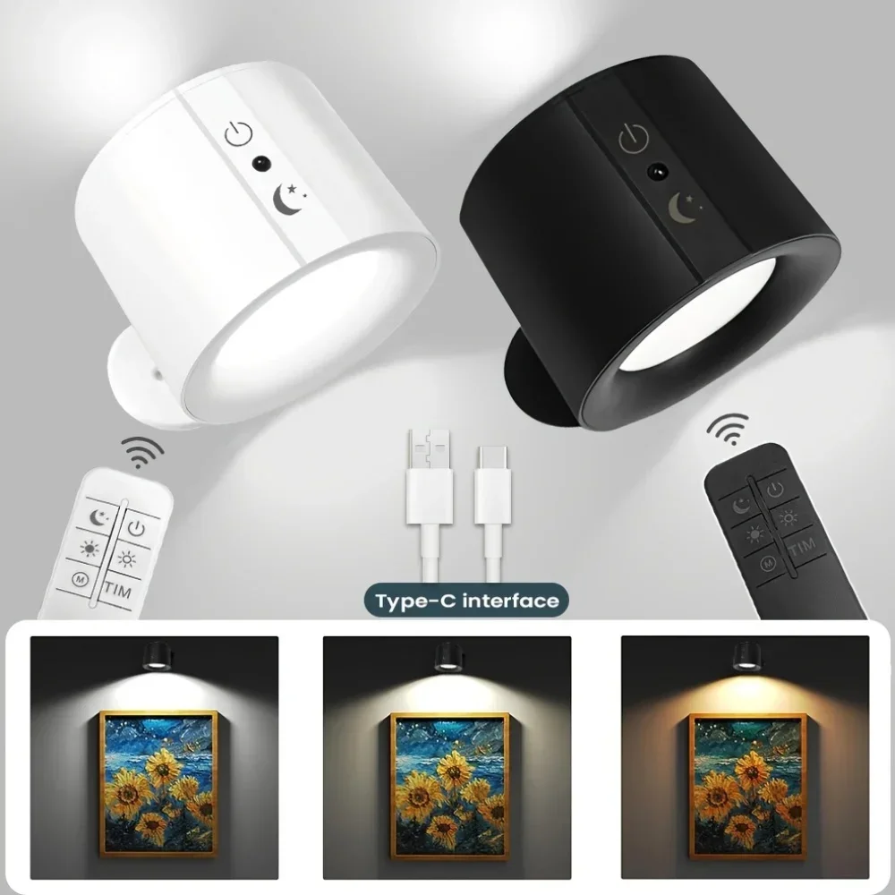 Lámparas de pared LED con control táctil, doble cabezal, giratorias 360°, 3 colores, luces de pared inalámbricas, luces nocturnas para dormitorio