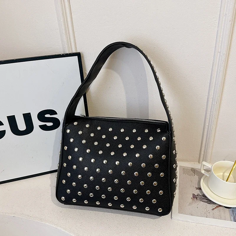 

Rivet Decoration Quality PU Shoulder Bag Solid Color Box Zipper Fashion Handbag 2024 Hot Sale Bags for Women Bolsas Femininas