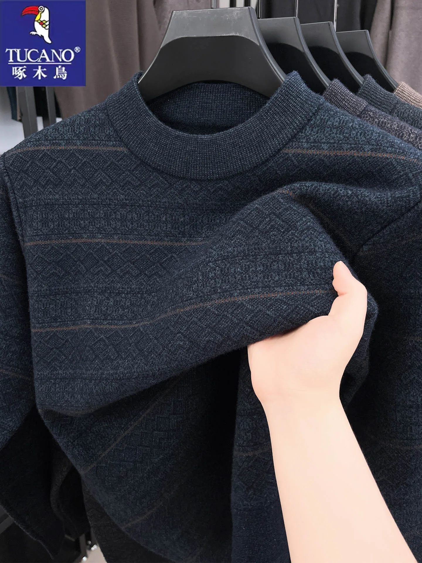 

Thiened Knitted 00% Pure Wool Sweater Men's Winter f High Collar Mid-aged Dad Sle TUCANO Woodpeer Casual Long Sve