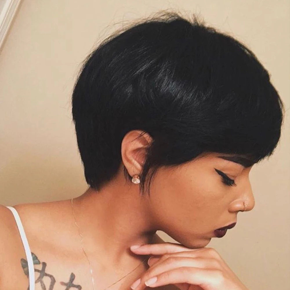 ストレート人毛ウィッグ ショートピクシーカットウィッグ レイヤー加工済み 生え際がプレプラッキングされた女性用ブラジル人毛マシンメイド100%人毛ウィッグ
