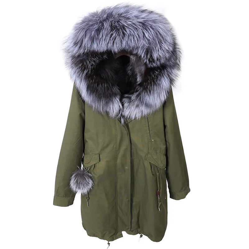 Maomaokong Giacca invernale in pelliccia da donna Lunga Top da esterno Collo in vera pelliccia di volpe Fodera interna in pelliccia Parka Cappotto da donna in volpe argento naturale