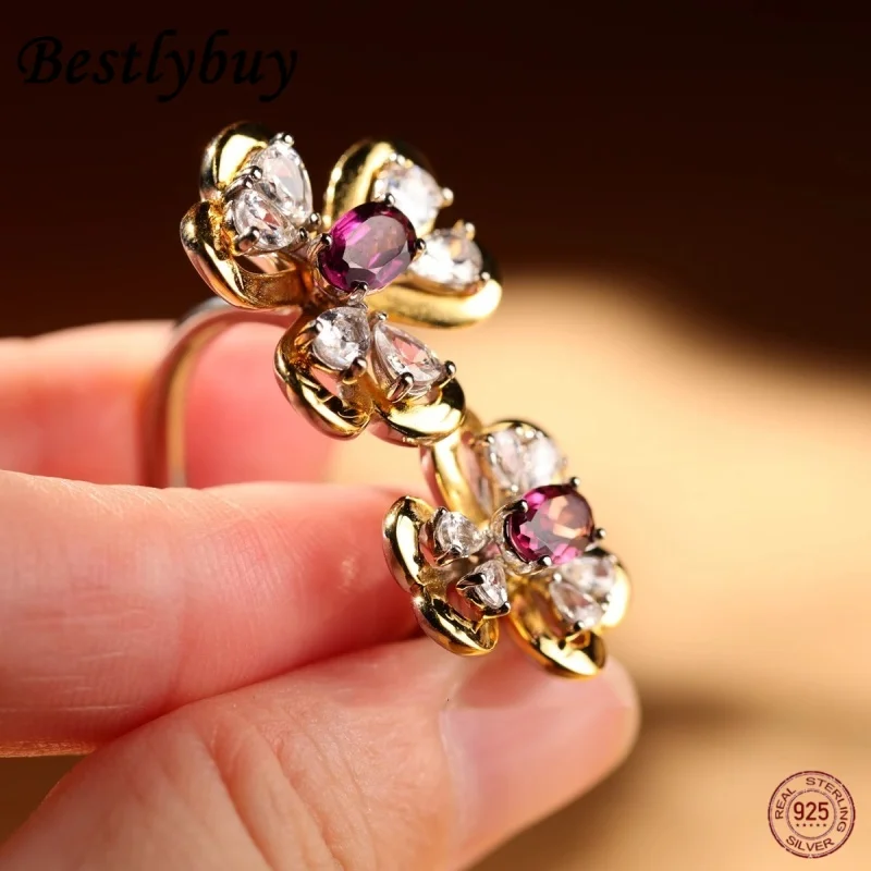 

Fashionable luxury s925 pure silver charm exaggerated flower ring Women's retro inlaid natural garnet high-end party jewelry