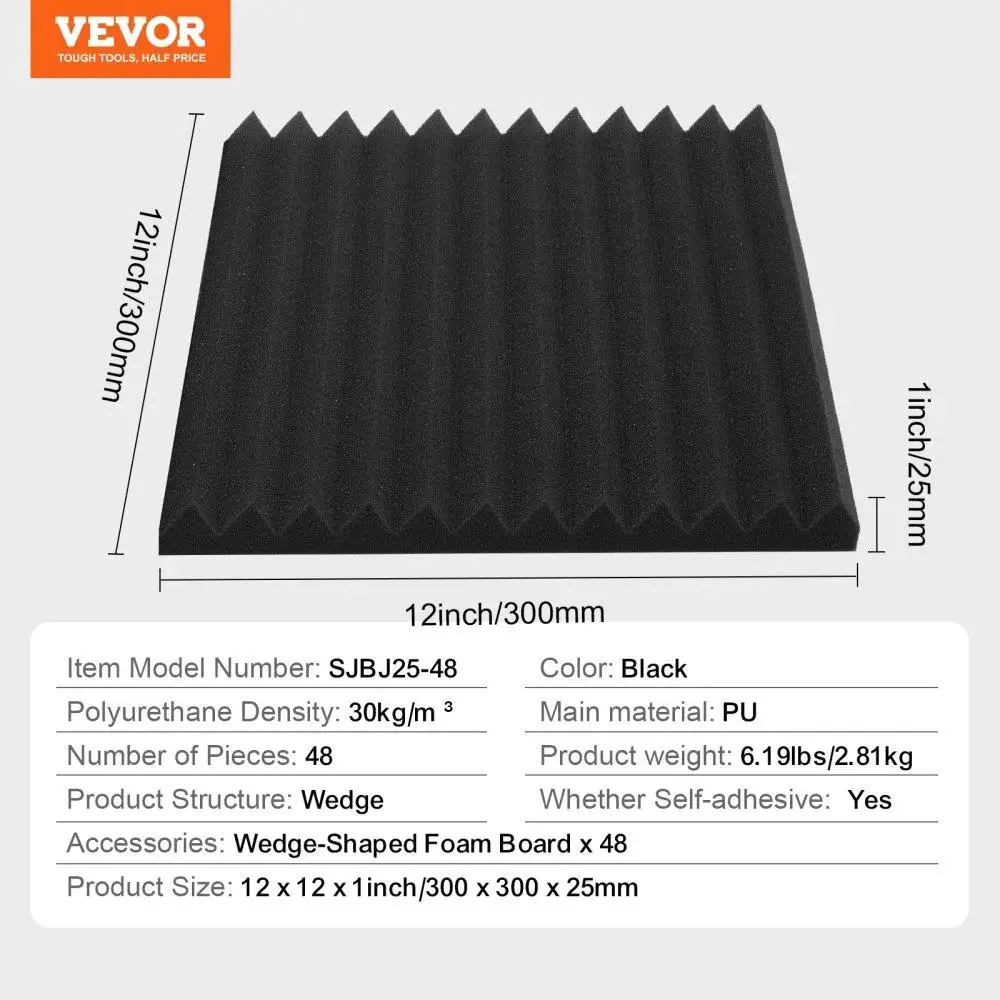 แผ่นแผ่นซับเสียงมี12x12x1in 48แพ็คสำหรับกาวติดผนังและฝ้าเพดาน