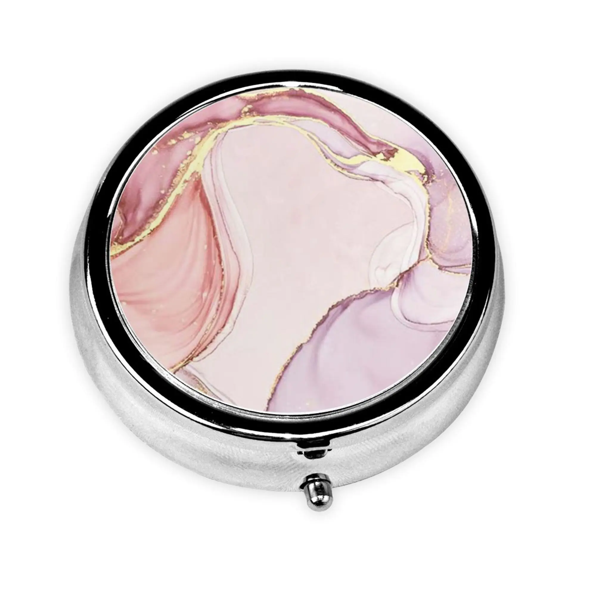 Pink Mable Pill Box Purse Pocket Small Round Silver Pill Case Decorative Box Metal Medicine Vitamin Pill Organizer Portable