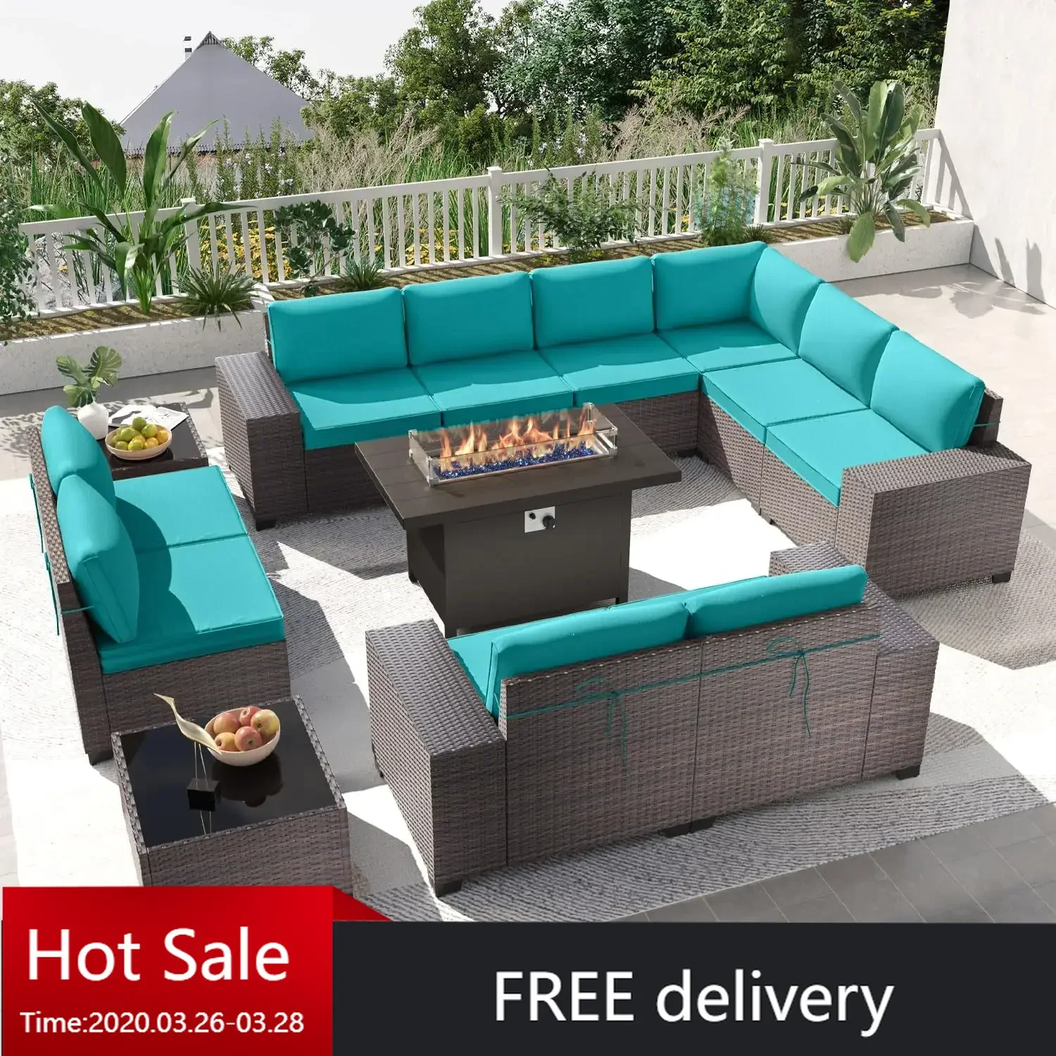 12PCS Outdoor Patio Furniture Set PE Wicker Rattan Sectional Sofa Patio Conversation Sets,Blue