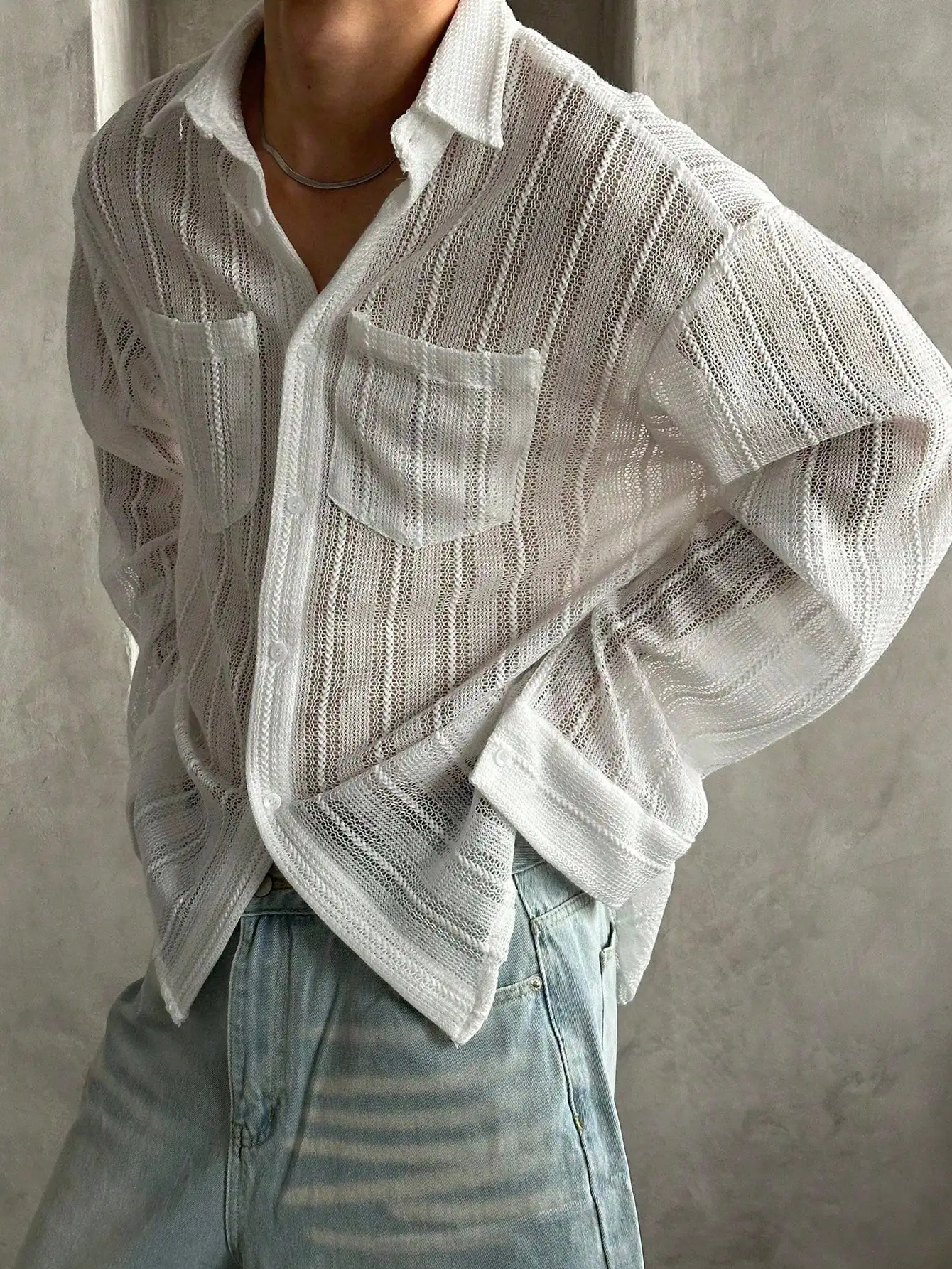 

White Textured Knit Long Sleeve Casual Shirt for Men, Spring Summer