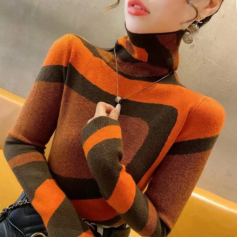 Weibliche Kleidung Kontrast Rollkragen Pullover Vintage Elastische Dünne Wolle Top Strickwaren Herbst Winter Mode Chic Casual Pullover