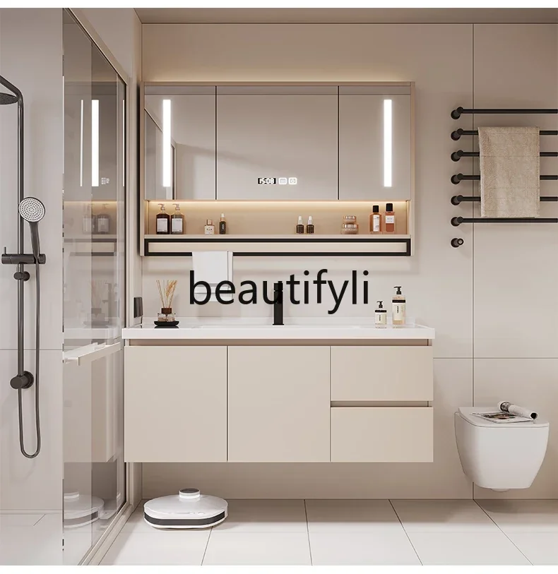 

ls 42Modern simple milk tea color solid wood bathroom cabinet combination ceramic integrated basin toilet washbasin 03A