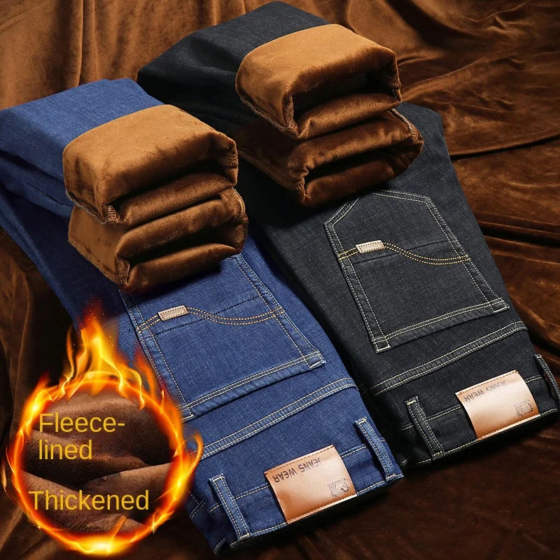 Men's Winter Fleece Warm Jeans Fashion Business Pants Vintage Classic Trousers Autumn Leisure Elastic Straight Work Jeans Men